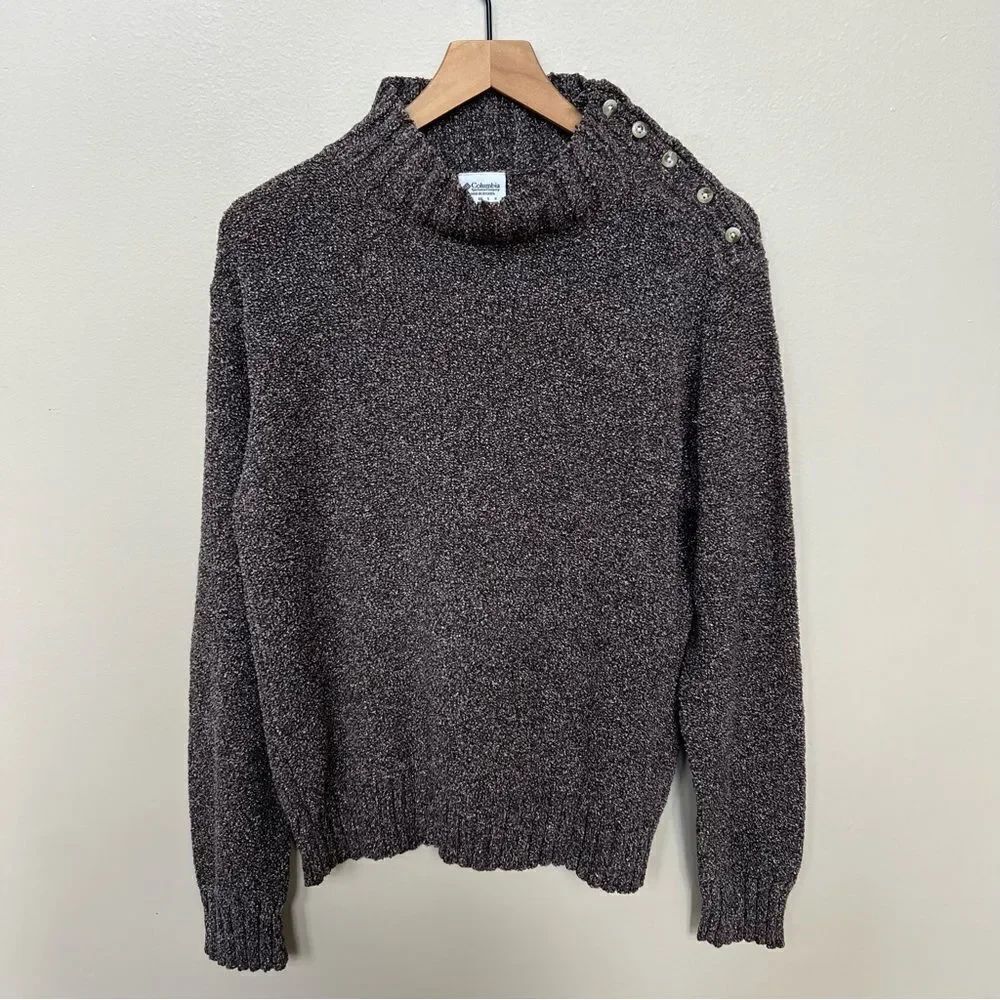 Womens Columbia Sweater Mock Turtleneck Button Shoulder Chocolate Brown Large